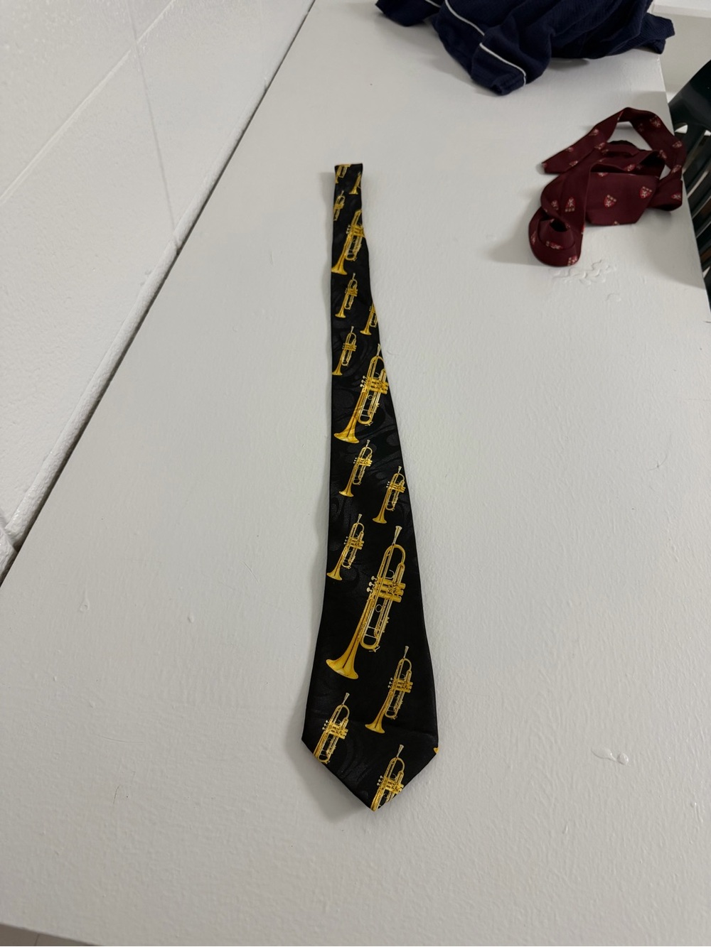 Steven Harris Hand Made Black Tie with Yellow Trumpet Pattern Worn Once